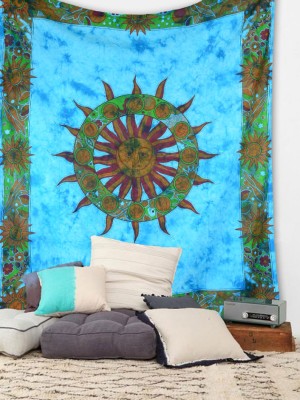Turquoise Blue Multi Psychedelic Sun & Moon Tapestry Celestial Energy Mystic Indian Wall Hanging