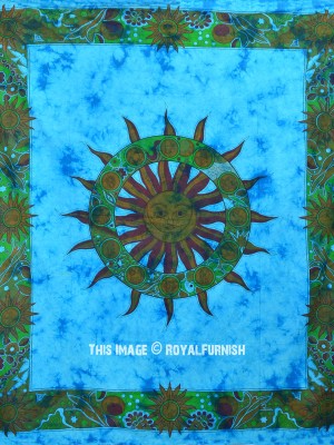 Turquoise Blue Multi Psychedelic Sun & Moon Tapestry Celestial Energy Mystic Indian Wall Hanging