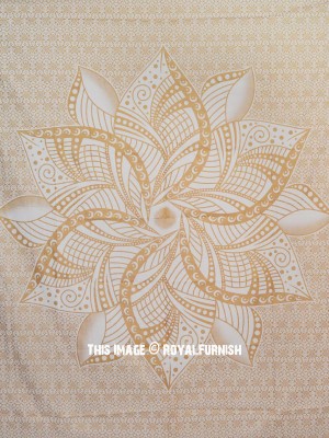 White & Glittering Gold Bohemian Large Lotus Mandala Tapestry Wall Hanging Cotton Fabric Tapestry