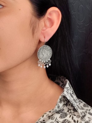 Rustic Vintage Victoria Queen Coin Silver Oxidized Brass Rare Old Coin Hook Earrings with Pearl Drops