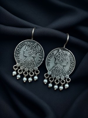 Rustic Vintage Victoria Queen Coin Silver Oxidized Brass Rare Old Coin Hook Earrings with Pearl Drops