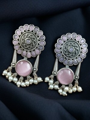 Beautiful Indian Designer Stud Silver Oxidized Monalisa Stone Work Pearl Drops Earrings Traditional Jewellery