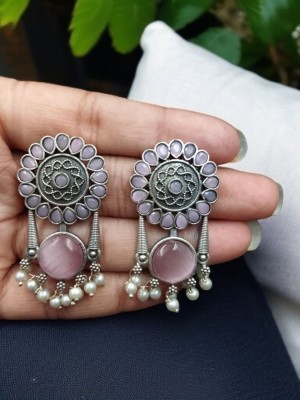 Beautiful Indian Designer Stud Silver Oxidized Monalisa Stone Work Pearl Drops Earrings Traditional Jewellery