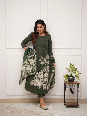 Green Floral Printed Cotton Anarkali Kurti Pant Dupatta Set Readymade Salwar Kameez for Women - Set of 3