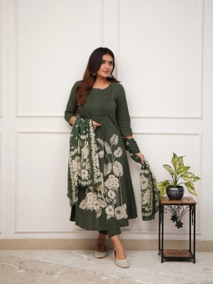 Green Floral Printed Cotton Anarkali Kurti Pant Dupatta Set Readymade Salwar Kameez for Women - Set of 3