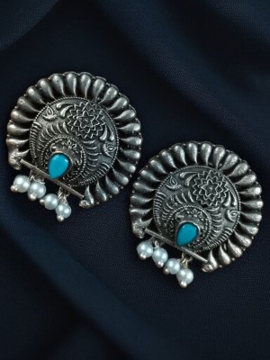 Elegant Silver Oxidized Round Stud Earring Special Ethnic Stone Work Tops Earrings with Pearl Drops