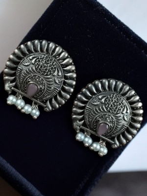 Elegant Silver Oxidized Round Stud Earring Special Ethnic Stone Work Tops Earrings with Pearl Drops