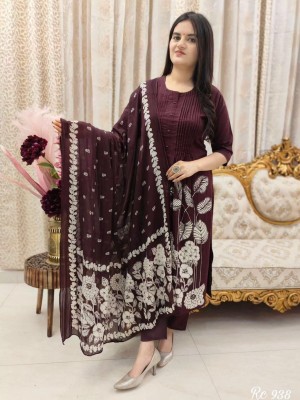 Wine Floral Printed Cotton Anarkali Kurti Pant Dupatta Set Readymade Salwar Kameez for Women - Set of 3
