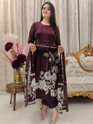 Wine Floral Printed Cotton Anarkali Kurti Pant Dupatta Set Readymade Salwar Kameez for Women - Set of 3