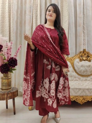 Maroon Floral Printed Cotton Anarkali Kurti Pant Dupatta Set Readymade Salwar Kameez for Women - Set of 3