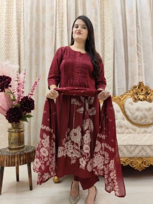 Maroon Floral Printed Cotton Anarkali Kurti Pant Dupatta Set Readymade Salwar Kameez for Women - Set of 3