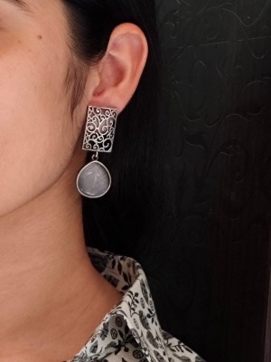 Gorgeous Monalisa Stone Dangler Designer Silver Oxidised Traditional Earring for Party Wear Jewellery