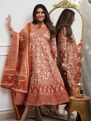 Red Floral Print Angrakha Style Frock Anarkali Kurta Kurti Pant Dupatta Set Gown Dress Salwar Kameez (Set of 3)