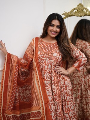 Red Floral Print Angrakha Style Frock Anarkali Kurta Kurti Pant Dupatta Set Gown Dress Salwar Kameez (Set of 3)