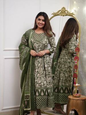 Green Floral Print Angrakha Style Frock Anarkali Kurta Kurti Pant Dupatta Set Gown Dress Salwar Kameez (Set of 3)