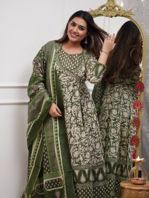 Green Floral Print Angrakha Style Frock Anarkali Kurta Kurti Pant Dupatta Set Gown Dress Salwar Kameez (Set of 3)