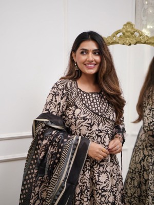 Black Floral Print Angrakha Style Frock Anarkali Kurta Kurti Pant Dupatta Set Gown Dress Salwar Kameez (Set of 3)