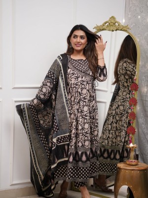 Black Floral Print Angrakha Style Frock Anarkali Kurta Kurti Pant Dupatta Set Gown Dress Salwar Kameez (Set of 3)
