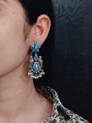 Stunning Birds Silver Oxidised Traditional Dangler Designer Monalisa Stone Party Wear Earring for Girls
