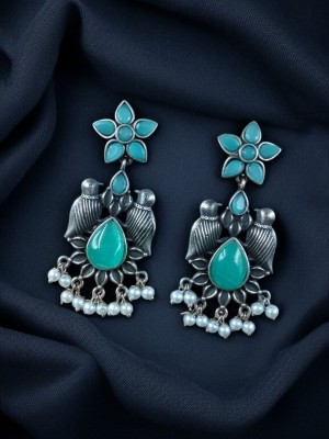 Stunning Birds Silver Oxidised Traditional Dangler Designer Monalisa Stone Party Wear Earring for Girls