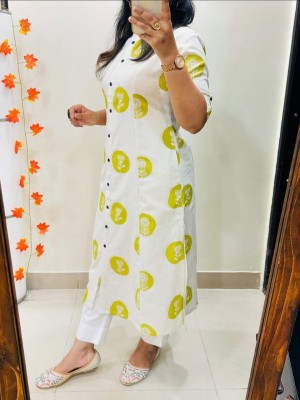 White Orange Round Block Print Indian A-Line Printed Cotton Salwar Kameez Kurti Pant Co Ord Set for Women (Set of 2)