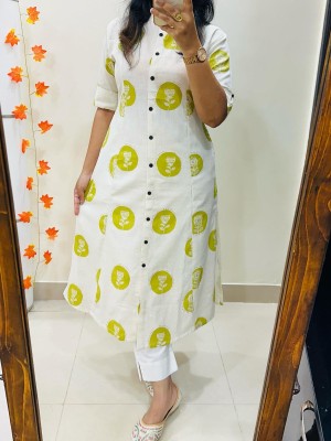 White Orange Round Block Print Indian A-Line Printed Cotton Salwar Kameez Kurti Pant Co Ord Set for Women (Set of 2)