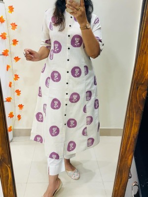 White Pink Round Block Print Indian A-Line Printed Cotton Salwar Kameez Kurti Pant Co Ord Set for Women (Set of 2)