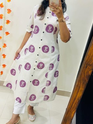 White Pink Round Block Print Indian A-Line Printed Cotton Salwar Kameez Kurti Pant Co Ord Set for Women (Set of 2)