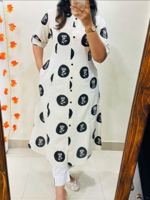 White Black Round Block Print Indian A-Line Printed Cotton Salwar Kameez Kurti Pant Co Ord Set for Women (Set of 2)