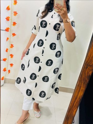 White Black Round Block Print Indian A-Line Printed Cotton Salwar Kameez Kurti Pant Co Ord Set for Women (Set of 2)