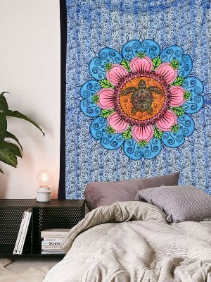 Colorful Hand Brushed Sea Turtle Flower Mandala Tapestry Cotton Fabric Wall Hanging Hippie Decor
