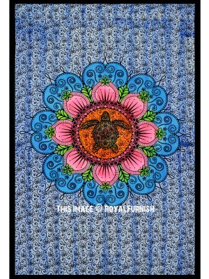 Colorful Hand Brushed Sea Turtle Flower Mandala Tapestry Cotton Fabric Wall Hanging Hippie Decor