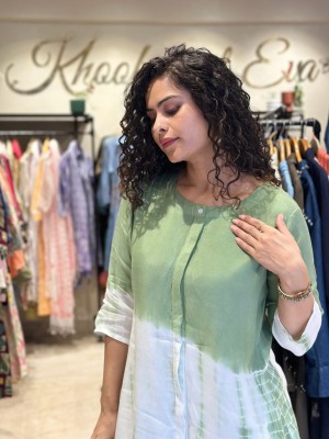 Green Tye Dye Print Indian Cotton Salwar Kameez Kurti Pant Summer Co Ord Set for Women (Set of 2)