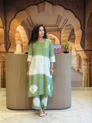 Green Tye Dye Print Indian Cotton Salwar Kameez Kurti Pant Summer Co Ord Set for Women (Set of 2)