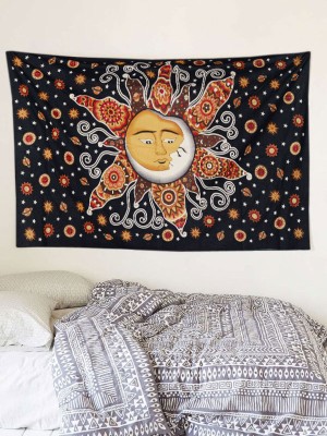 Black Multi Psychedelic Sun & Moon Tapestry Celestial Energy Mystic Indian Fabric Wall Hanging