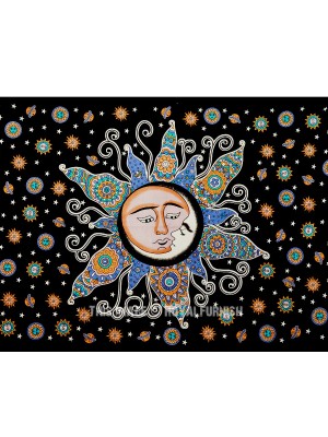 Black Multi Psychedelic Sun & Moon Tapestry Celestial Energy Mystic Indian Fabric Wall Hanging