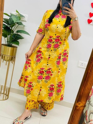 Yellow Floral Printed Indian A-Line Cotton Salwar Kameez Kurti Pant Co Ord Set for Women (Set of 2)
