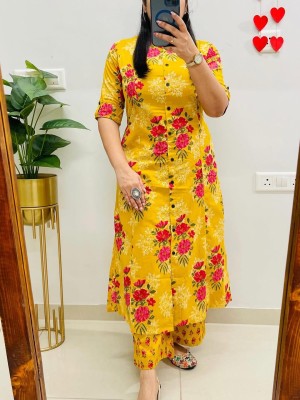 Yellow Floral Printed Indian A-Line Cotton Salwar Kameez Kurti Pant Co Ord Set for Women (Set of 2)