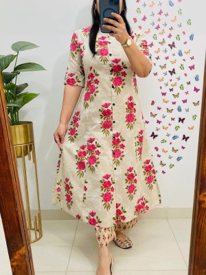 Beige Floral Printed Indian A-Line Cotton Salwar Kameez Kurti Pant Co Ord Set for Women (Set of 2)