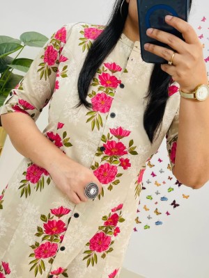 Beige Floral Printed Indian A-Line Cotton Salwar Kameez Kurti Pant Co Ord Set for Women (Set of 2)