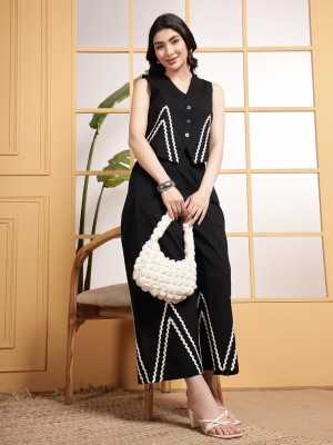 Black Jacket Style Top with Palazzo Indo Western Co Ord Set Cotton Office Wear Dress for Women (Set of 2)