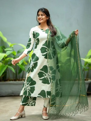 Beautiful Straight Fit Floral Printed Cotton Kurti Pant Dupatta Salwar Kameez Set for Women 