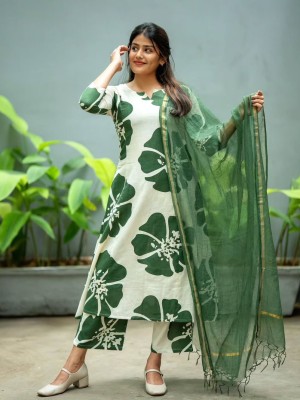 Beautiful Straight Fit Floral Printed Cotton Kurti Pant Dupatta Salwar Kameez Set for Women 