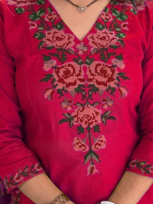 Pink Heavy Cross Embroidery Work On Yoke and Sleeves A-Line Cotton Kurti Pant Salwar Kameez For Women - Set Of 2
