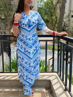 White Blue Printed Indian Cotton Summer V Neck Salwar Kameez Kurti Pant Co Ord Set for Women  with Pocket (Set of 2)