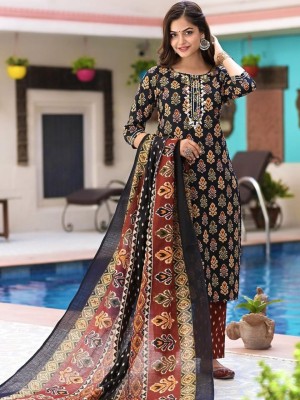 Leela Black Floral Printed Straight Cotton Kurti Pant Dupatta Indian Salwar Kameez Dress - Set of 3