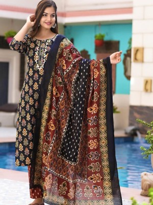 Leela Black Floral Printed Straight Cotton Kurti Pant Dupatta Indian Salwar Kameez Dress - Set of 3