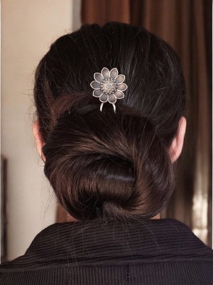 Unique Flower Designer Silver Oxidized Hair Bun Pin Stylish Hair Accessory Jewellery