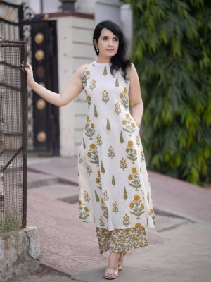 White Marigold Floral Printed Sleeveless Cotton Salwar Kameez Kurti Pant A-line Suit for Women