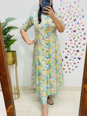 Multicolor Floral Printed Cotton Salwar Kameez Kurti Pant A-line Co Ord Set for Women